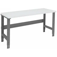 Plastic top workbench measuring 60 in x 30 in in gray. Adjustable-height open-base design with an overall load capacity of 1,200 lb. Suitable for assembly, inspection, and light manufacturing tasks.