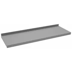 This steel lower shelf is designed for use with workbenches, providing additional storage for tools, parts, or supplies. It measures 42 inches wide by 14 inches deep and comes in a gray finish. Mounting hardware is included for installation.