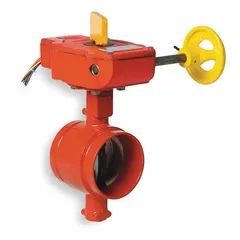 This ductile iron butterfly valve is designed for fire-protection systems handling water media. It features a clamp-style connection and a gear-operated handwheel for precise flow control. Rated for a maximum working pressure of 300 psi (CWP) with an EPDM seal, it is suitable for commercial and industrial fire-suppression applications.