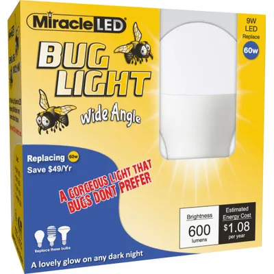 MIRACLE LED Compact LED Bulb: Medium Screw (E26), LED, (A) Classic, A19, 9 W Watt, 2000K - Bug Light Lamps