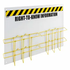 Wall-mount safety station for organizing and displaying hazard communication documents, safety signs, and instructions in industrial environments. Black enclosure with overall dimensions of 30 in height, 24 in width, and 5 in depth. Mounting hardware not included.