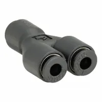 This wye fitting connects three tubes of 6 mm, 8 mm, and 6 mm outer diameter in a push-to-connect configuration. The body combines nylon and nickel-plated brass for corrosion resistance. Supplied as a 10-pack, it is used to create branch connections in pneumatic or fluid systems
