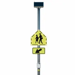 This solar-powered, diamond-shaped school crossing sign features flashing LEDs and meets MUTCD S1-1 standards. Constructed of aluminum with a diamond-grade retroreflective surface, it is designed for high-visibility pedestrian crossing applications in school zones.