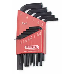 This 13-piece L-shaped hex key set includes SAE standard and short keys with a black oxide finish. The set is organized in a holder and includes two tips. Used for tightening or loosening hex socket fasteners in general maintenance and assembly tasks.