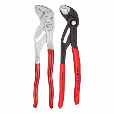 KNIPEX Tongue & Groove Plier Set: Curved/Flat, Push Button, 2 in_1 3/4 in Max Jaw Opening - Tongue & Groove Pliers Sets
