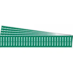 Green pipe markers with white legend text reading 'Process Vacuum', designed to fit 3/4 in and smaller pipe outer diameter. Each pack contains 28 markers without arrows, sold as a 5-pack. Used to identify process vacuum lines in industrial piping systems.