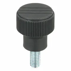 Knurled knob with threaded stud for manual adjustment and clamping in industrial machinery, jigs, and fixtures. Plastic body with steel thread insert, gray color. 34 mm diameter, 3/8"-16 thread, 20 mm thread length.