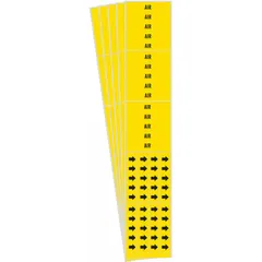 Yellow adhesive pipe markers with black legend reading 'Air', designed for pipes with outside diameter of 3/4 inch and smaller. Each pack includes 5 markers (3 pipe markers) with directional arrows. Used to identify compressed air lines in industrial facilities for compliance with pipe-labeling standards.