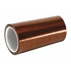 Polyimide film tape with acrylic adhesive, amber color, 3 mil thickness, 36 yd length. Used for high-temperature electrical insulation, coil winding, and capacitor protection in motors, transformers, and electronic components.