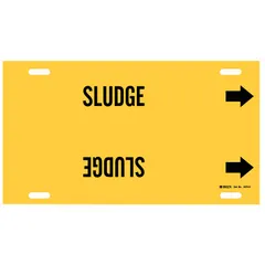 Strap-on pipe marker for identifying pipes carrying sludge. Yellow background with black legend text and directional arrows. Fits pipe outer diameters of 8 to 9-7/8 inches. Supplied as a single marker.