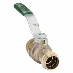 This bronze two-piece straight ball valve features press x MGHT connections for fast installation without threading or soldering. The locking lever handle provides secure flow control, and the included dust cap with chain protects the valve. Suitable for on/off service in commercial and industrial piping systems.