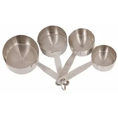 This 4-piece measuring cup set is constructed of stainless steel in a gray finish. Each cup has a 0.25 C capacity with 1/2 cup graduation subdivisions. Designed for dry ingredients, the set is NSF Certified for commercial foodservice use.