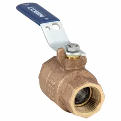 This NIBCO bronze ball valve features a straight pattern with female NPT threaded ends for easy installation. The lever handle provides clear visual indication of valve position. Rated for 600 psi CWP, it is suitable for on/off control in water, oil, and gas piping systems.