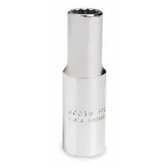 This 3/8" drive hand socket features a 1/2" 12-point deep design for turning fasteners in maintenance and assembly tasks. The chrome finish provides corrosion resistance, and the deep profile allows access to recessed nuts. It is not tether capable.