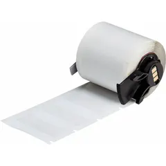 White matte vinyl wraparound label for wire and cable identification. Measures 1 in x 1 3/4 in, suitable for 16 AWG to 8 AWG wire gauges. Compatible with M611 printer series; requires M61-R4310 ribbon. Used in control panels, electrical installations, and maintenance for permanent marking.
