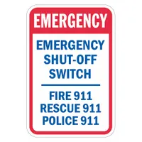 Aluminum sign with mounting holes for permanent installation. Features Diamond Grade retroreflective sheeting for high visibility in low-light conditions. Used to mark emergency shut-off switches, fire, rescue, and police 911 locations in industrial facilities