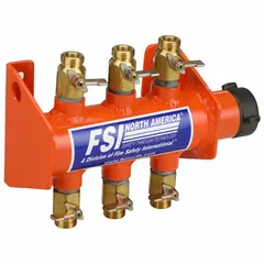 Brass manifold with 1 1/2 in NST Female connection for distributing water from a single hose supply to multiple hose lines. Orange finish. Includes manifold only.