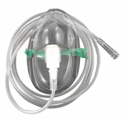 Disposable PVC oxygen mask with a minimum flow rate of 4 lpm and maximum of 6 lpm. Includes a universal connector for attachment to standard oxygen supply systems. Complies with FDA standards. Used for delivering supplemental oxygen in clinical and emergency care settings.