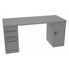 This dual pedestal workbench features a steel top measuring 72 inches by 30 inches in a gray finish. It has an overall load capacity of 1,800 pounds, suitable for industrial assembly, maintenance, and inspection tasks.