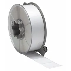 Rectangular flag precut label roll for wire and cable identification. Polyester material with white gloss finish. Label size 2 in x 2 1/2 in, designed for wire diameters from 0.13 in to 0.5 in. Compatible with A5500 printer series; requires SSR6002 ribbon.