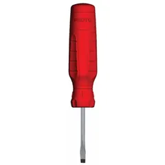 This PROTO slotted screwdriver features a 1/8 in tip and a standard-length design with a 2 in shank and 5 1/4 in overall length. It is not insulated, making it suitable for general assembly, maintenance, and repair tasks where electrical insulation is not required.