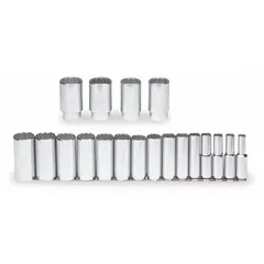 This 19-piece socket set includes 12-point SAE sockets with 1/2 in drive, ranging from 3/8 in to 1-1/2 in. Deep sockets are included for accessing recessed fasteners. The set is tether ready for safety in elevated or confined workspaces. Suitable for fastening and loosening hex nuts and bolts in industrial maintenance, automotive repair, and heavy equipment assembly.