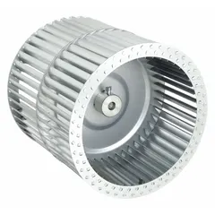 This Dayton dual-inlet forward-curved blower wheel has a 9 1/2 in diameter and 9 1/4 in width. It features a steel wheel with convex design, CW Hub End rotation, and two inlets. Suitable for moving air in HVAC systems, furnaces, and industrial ventilation units.