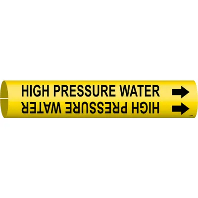 BRADY Pipe Marker: High Pressure Water, Yellow, Black, Fits 1 1/2 to 2 3/8 in Pipe O.D. - High Pressure Water Snap-On Pipe Markers