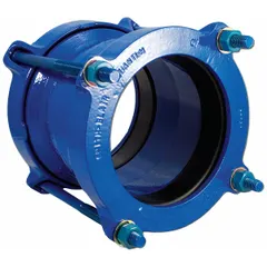 This flanged ductile iron coupling is designed for vibration applications, with a 10-inch nominal pipe size and female flanged connections on both sides. It features steel bolts and a maximum operating pressure of 250 psi. Typical uses include connecting flanged pipes in industrial piping systems where vibration dampening is required.