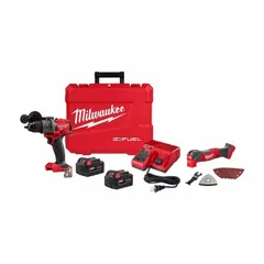 This cordless combination kit includes a hammer drill and an oscillating multi-tool, both powered by the MILWAUKEE 18 V platform. The hammer drill provides impact drilling for masonry, wood, and metal, while the oscillating tool handles cutting, sanding, and scraping tasks. Suitable for construction, renovation, and maintenance applications requiring cordless mobility and two-tool versatility.
