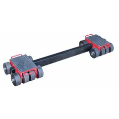 This machine roller is designed for moving heavy equipment and machinery in industrial settings. It features a fixed roller configuration for stable front- and rear-support during relocation. The roller has a 7 in deck height and a red finish.