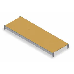 Particleboard decking bulk rack shelf kit with a powder-coated steel frame in Industrial Gray. Includes two crossbars. Designed for use in industrial storage applications such as warehouses and distribution centers.