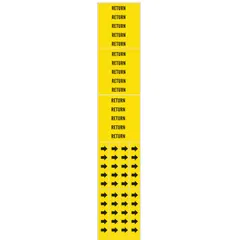 These adhesive pipe markers feature a yellow background with black legend reading 'Return' and include directional arrows. Each pack contains 3 markers designed for pipes with an outside diameter of 3/4 inch and smaller. Used to identify return lines in industrial piping systems, aiding in compliance with pipe-identification standards.