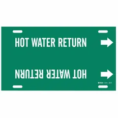 Green strap-on pipe marker with white legend reading 'Hot Water Return' and directional arrows. Fits pipe outer diameters of 8 to 9-7/8 inches. Used to identify hot water return piping in industrial and commercial facilities, aiding maintenance and system verification.