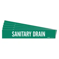 Green adhesive pipe marker with white legend text reading 'Sanitary Drain'. Fits pipe outer diameters from 2-1/2 to 7-7/8 inches. Sold in a 5-pack without arrows. Used to identify piping carrying waste water or sewage in industrial facilities.