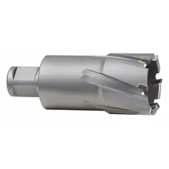 Carbide-tipped annular cutter with bright finish, 1-7/16 in diameter, and 2 in maximum cutting depth. Features a Weldon Flat shank for secure mounting in magnetic drill presses. Used for cutting clean holes in tough materials such as stainless steel and structural steel in metal fabrication and construction applications.
