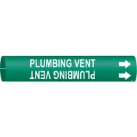 Snap-on pipe marker for identifying plumbing vent lines. Green background with white legend and directional arrows. Fits pipe outer diameters from 2-1/2 to 3-7/8 inches. Single marker included