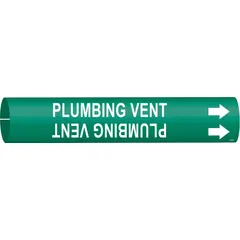 Snap-on pipe marker for identifying plumbing vent lines. Green background with white legend and directional arrows. Fits pipe outer diameters from 2-1/2 to 3-7/8 inches. Single marker included.