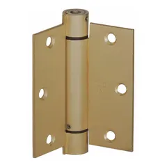 This full mortise-mount spring hinge is constructed from steel with a bronze finish. It has an overall height of 4-1/2 inches and a frame leaf width of 4 inches. Designed for self-closing doors, it is commonly used in commercial and industrial settings where automatic door closure is required.