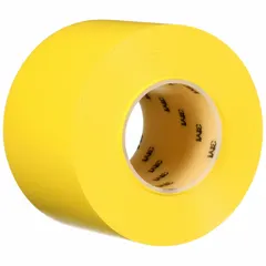 Solid yellow vinyl floor marking tape with 33 mil thickness, supplied in a 3-pack of 4 in x 108 ft rolls. Liner-less construction for direct application. Used for marking aisles, hazard zones, and work areas in industrial facilities such as warehouses, factories, and maintenance shops.