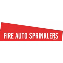 Red adhesive pipe marker with white legend reading 'Fire Auto Sprinklers'. Fits pipe outer diameters from 2-1/2 to 7-7/8 inches. Sold in a 5-pack without arrows. Used to identify fire sprinkler piping in commercial and industrial facilities.