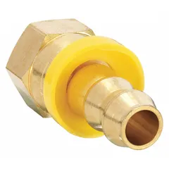 This brass push-on hose fitting is designed for air, water, and chemical applications. It features a rigid, straight body with a male x female inverted flare connection. Fitting size is 3/8 in x 5/8 in.
