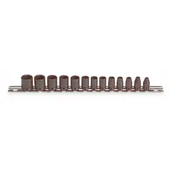 This 13-piece metric impact socket set features a 1/4 in drive size and includes sockets from 4 mm to 15 mm. The black oxide finish provides corrosion resistance. Suitable for fastening and loosening metric fasteners in automotive, industrial, and maintenance applications where impact tools are used.