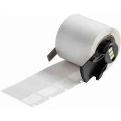Precut wraparound label roll for permanent wire and cable identification. White matte vinyl material, 1 1/2 in x 3/4 in size, accommodates 10 AWG to 4 AWG wire gauge. Compatible with M610 printer series; requires M7-R4300 ribbon for printing.