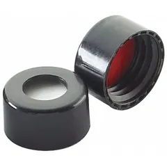 This black polypropylene screw cap features a PTFE/silicone liner and a 9 mm closure size. It is autoclavable and designed for narrow-mouth containers, providing a secure seal for laboratory or industrial applications such as sample storage and reagent bottles.