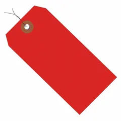 Red plastic shipping tag with pre-attached wire for secure fastening. Each tag measures 6-1/4 inches high by 3-1/8 inches wide. Supplied in packs of 100. Suitable for labeling industrial equipment, parts, or shipments for identification, tracking, or warning purposes.