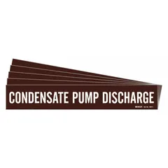 Brown adhesive pipe marker with white 'Condensate' legend, designed for pipe outer diameters from 2-1/2 to 7-7/8 inches. Pack of 5 markers without directional arrows. Used to identify condensate piping in industrial facilities such as steam or HVAC systems.