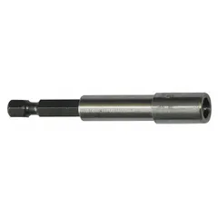 This power bit holder features a 1/4-inch hex compatible bit shank for use with power tools. The magnetic tip retains bits during drilling and fastening tasks. It is not impact rated, making it suitable for standard-duty applications.