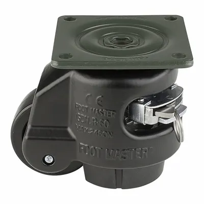 FOOT MASTER Plate Caster: Nylon Tread, 50 mm Wheel Dia, 82 mm Mounting Ht - General Purpose Leveling Plate Casters