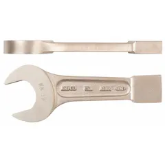 Nonsparking striking open end wrench with straight handle, 75 mm head size, 2 in head thickness, and 16 in overall length. Made of aluminum-bronze with natural finish. Used for heavy-duty bolting in hazardous environments where spark risks exist.